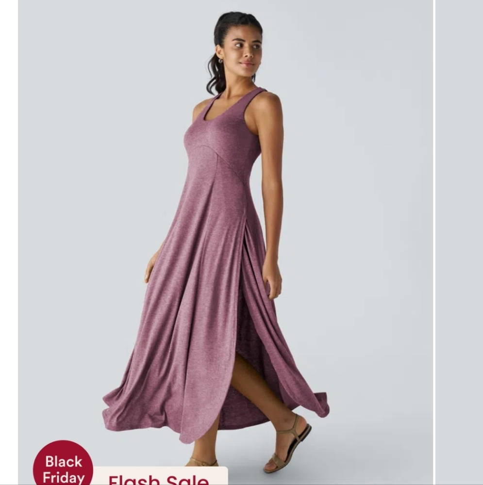 U Neck Backless Split Flowy Maxi Casual Tank Dress